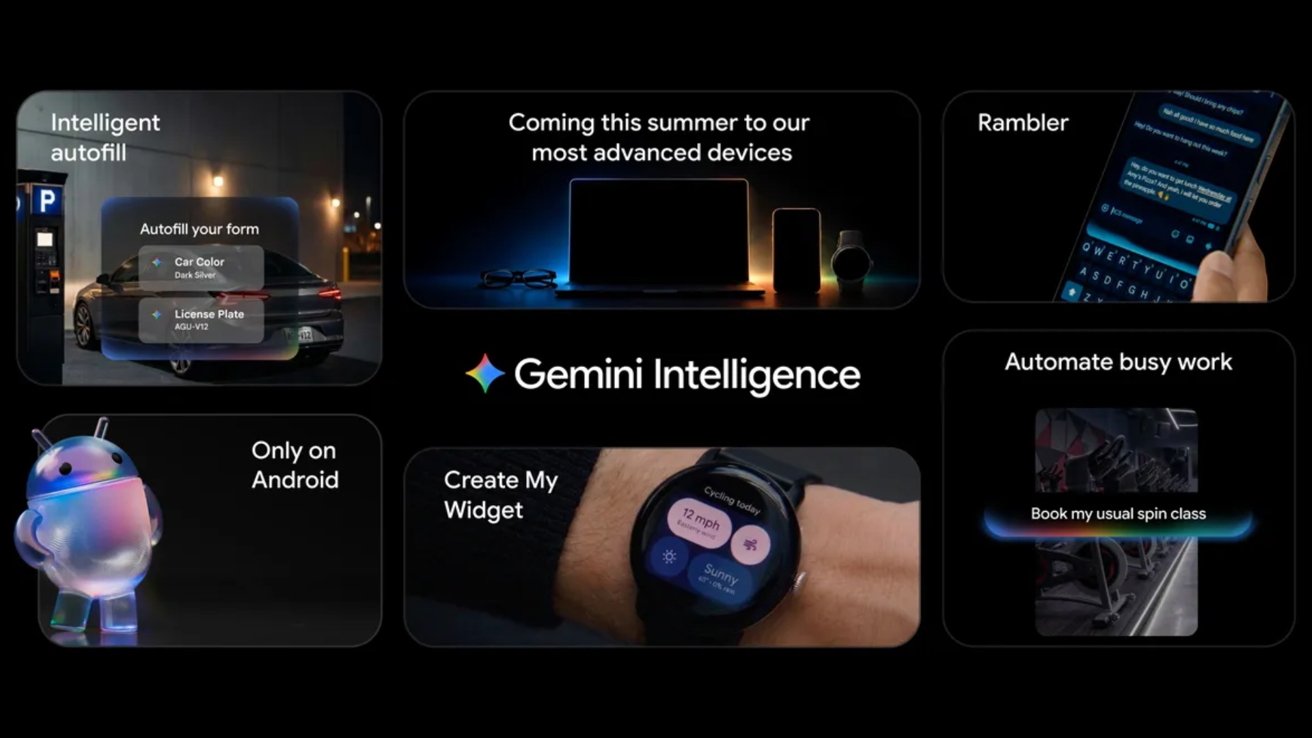 Collage promoting Gemini Intelligence features: autofilling car details, upcoming devices, chat assistance, Android exclusivity, smartwatch widgets, and automated tasks like booking a spin class, on a dark background.