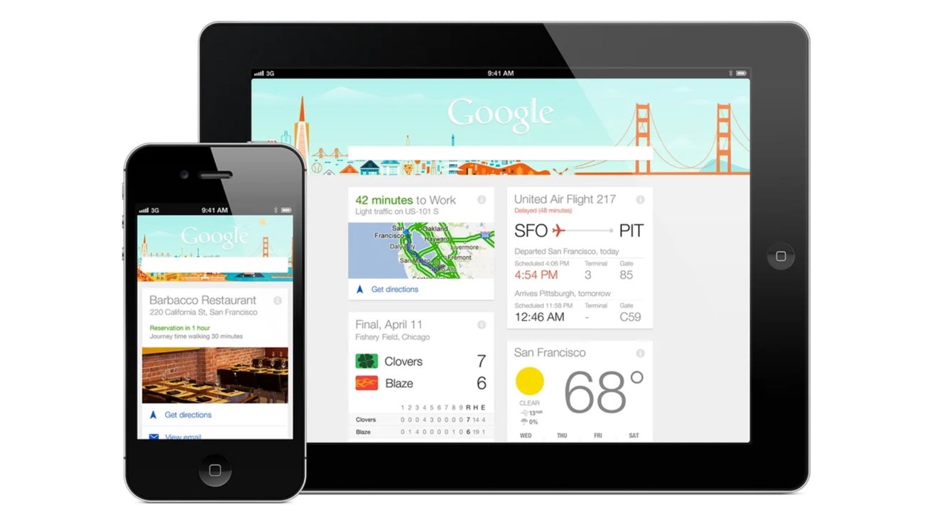 Smartphone and tablet displaying Google Now cards with restaurant reservation, commute map, flight details, sports score, and San Francisco weather, set against a stylized Golden Gate Bridge backdrop