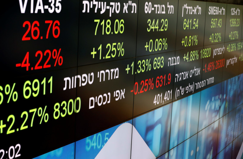 Market data is seen on part of an electronic board displayed at the Tel Aviv Stock Exchange, in Tel Aviv, Israel November 4, 2020.