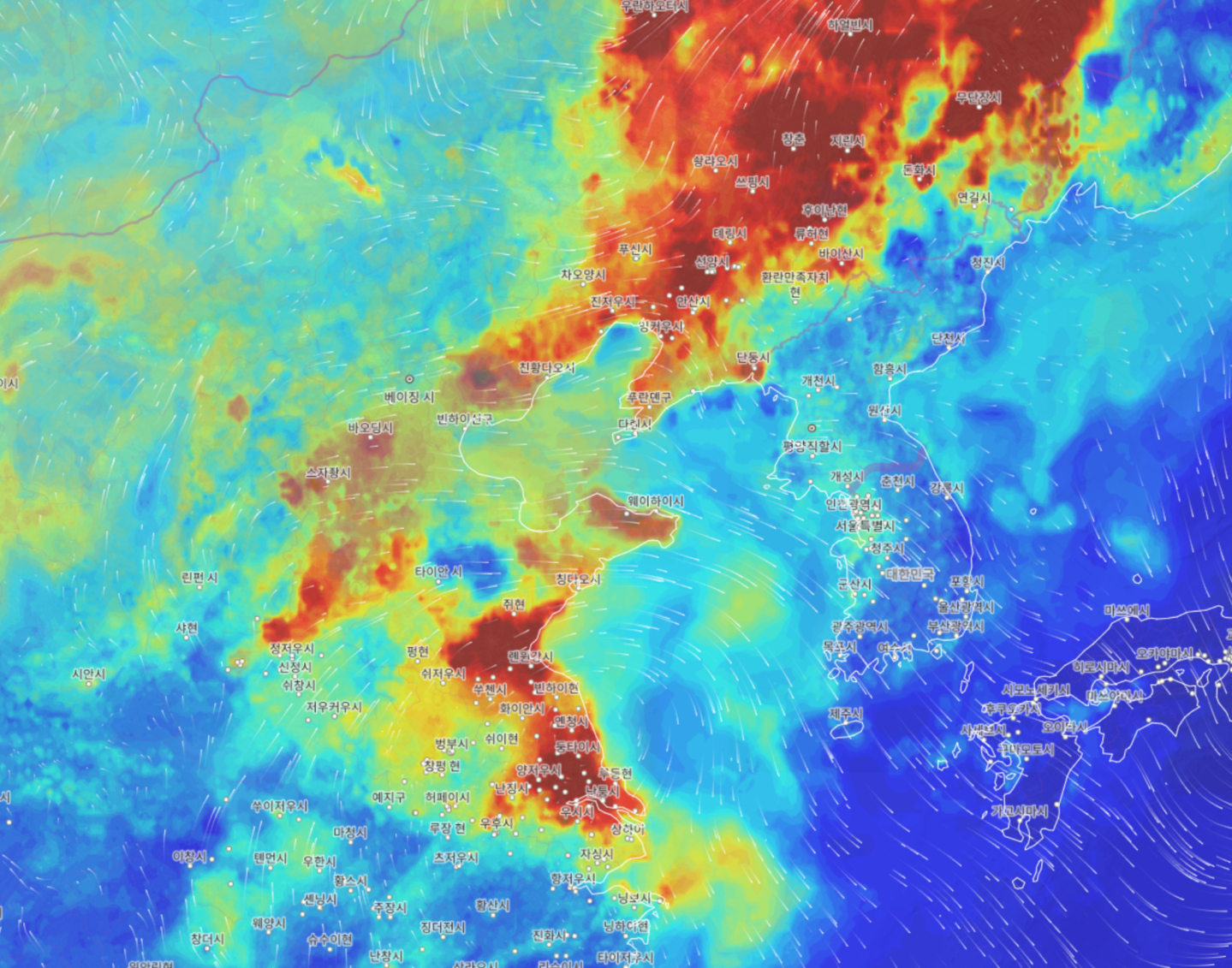 Satellite imagery shows air quality conditions over East Asia on April 2, when fine dust levels were high. A high-pressure system positioned near China drives clockwise winds, carrying pollutants from northern China northward on southwesterly winds before redirecting them southeast into the Korean Peninsula on northwesterly winds. [NIER]