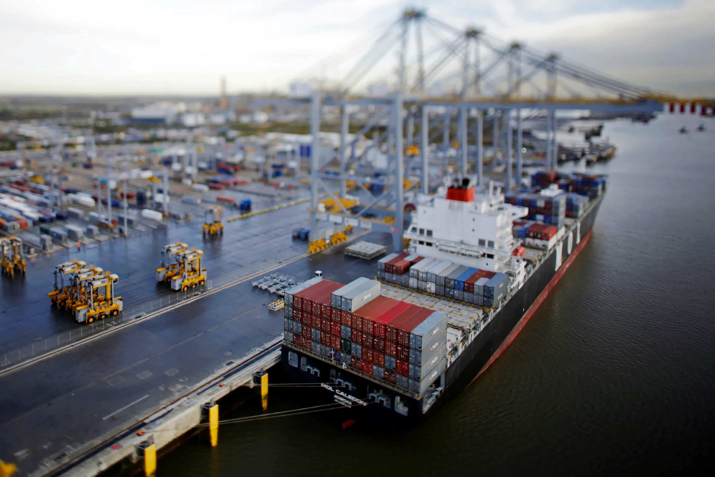 The MOL Caledon container ship docked at the London Gateway deep-sea container terminal.