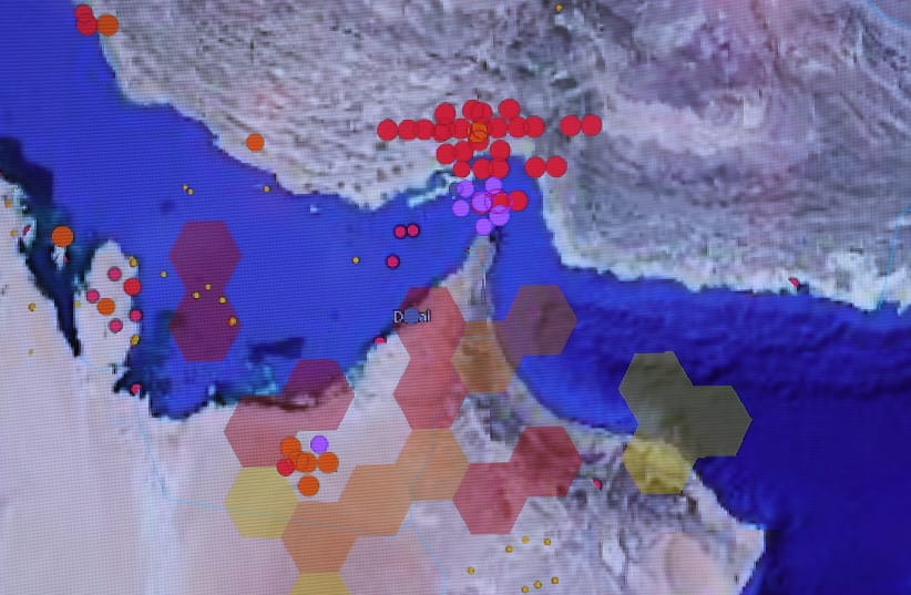 A digital map created by the Hybrid Intelligence department of Helmut Schmidt University shows points of conflict and disruptions in the Strait of Hormuz in April at the launch of the Resilia Innohub innovation hub on May 27, 2026 in Berlin, Germany.