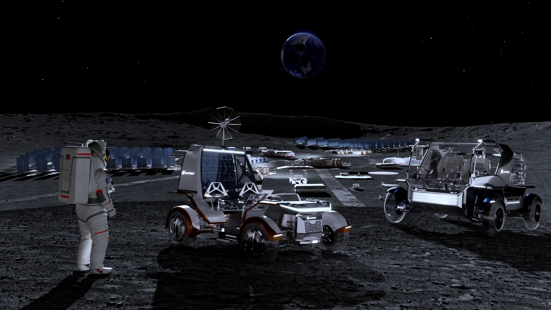 two moon rovers parked on the surface of the moon next to a large bank of rectangular solar arrays. earth is visible in the sky above the moon