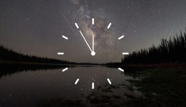 A stylized white clock face is superimposed over a night-time scene, in which meteors race through a starry sky over a lake bordered by the silhouettes of trees.
