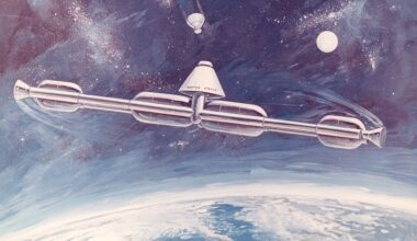 Artist's depiction of a centrifugal space station built form Apollo program stages. Credit - NASA