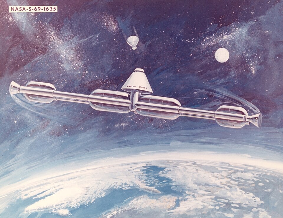 Artist's depiction of a centrifugal space station built form Apollo program stages. Credit - NASA