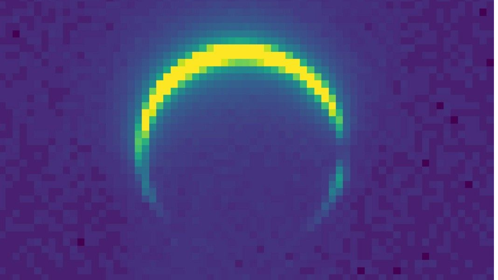 A blue pixelated image with a glowing green and yellow crescent.