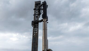 SpaceX Starship Flight 12 stands atop launch pad before May 2026 test flight under cloudy skies
