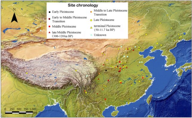 A map showing Paleolithic sites in China