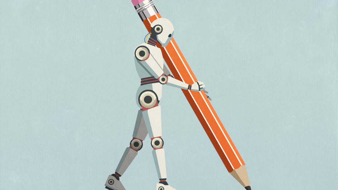 A humanoid robot is holding an oversized pencil as large as itself and drawing a line on the ground.