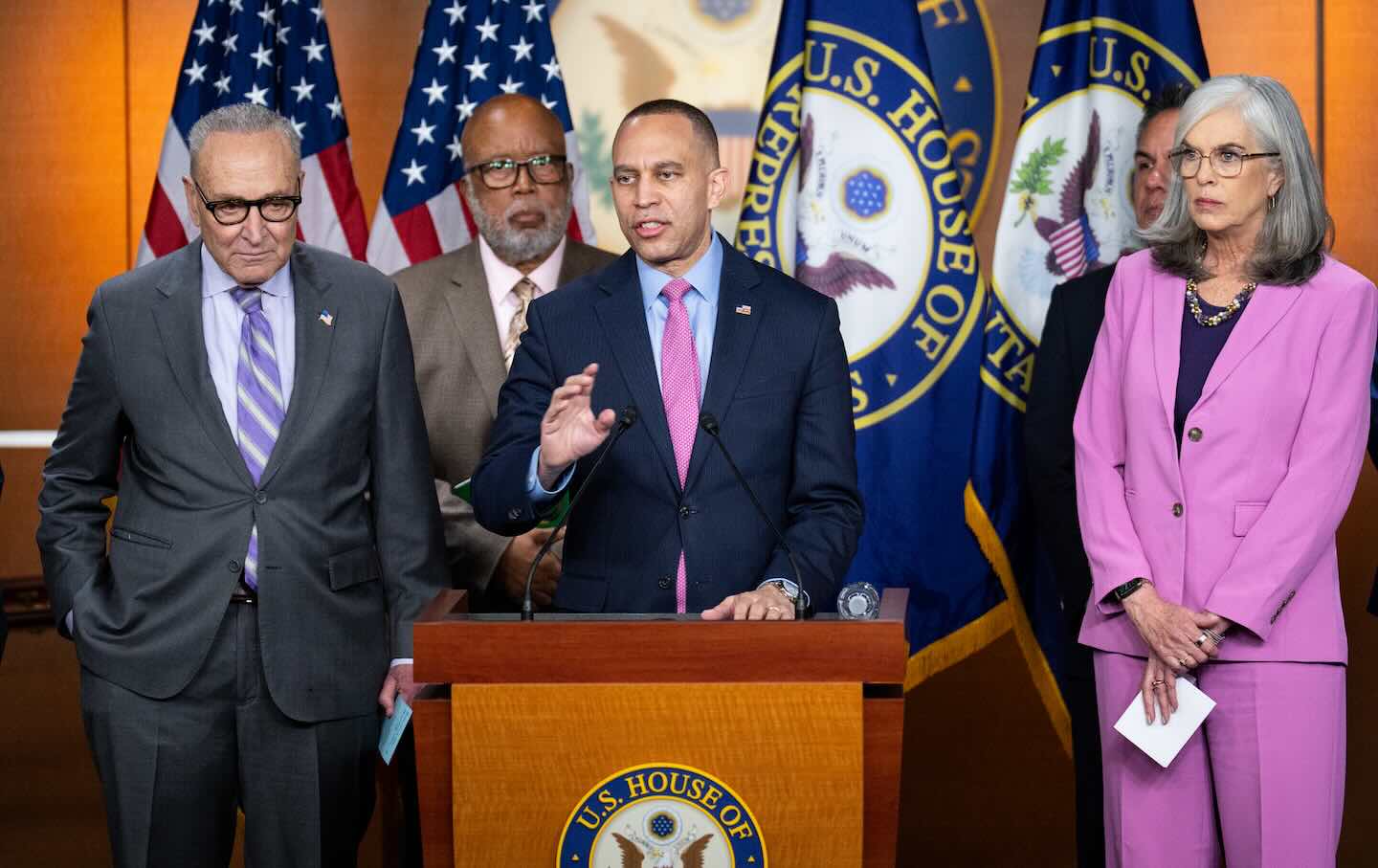 House minority leader Hakeem Jeffries speaks during the House and Senate Democrats’ joint news conference on DHS funding negotiations in the US Capitol on February 4, 2026. Jeffries is flanked from left by Senate minority leader Chuck Schumer, Representative Bennie Thompson, House Democratic Caucus chair Pete Aguilar, and House minority whip Katherine Clark.