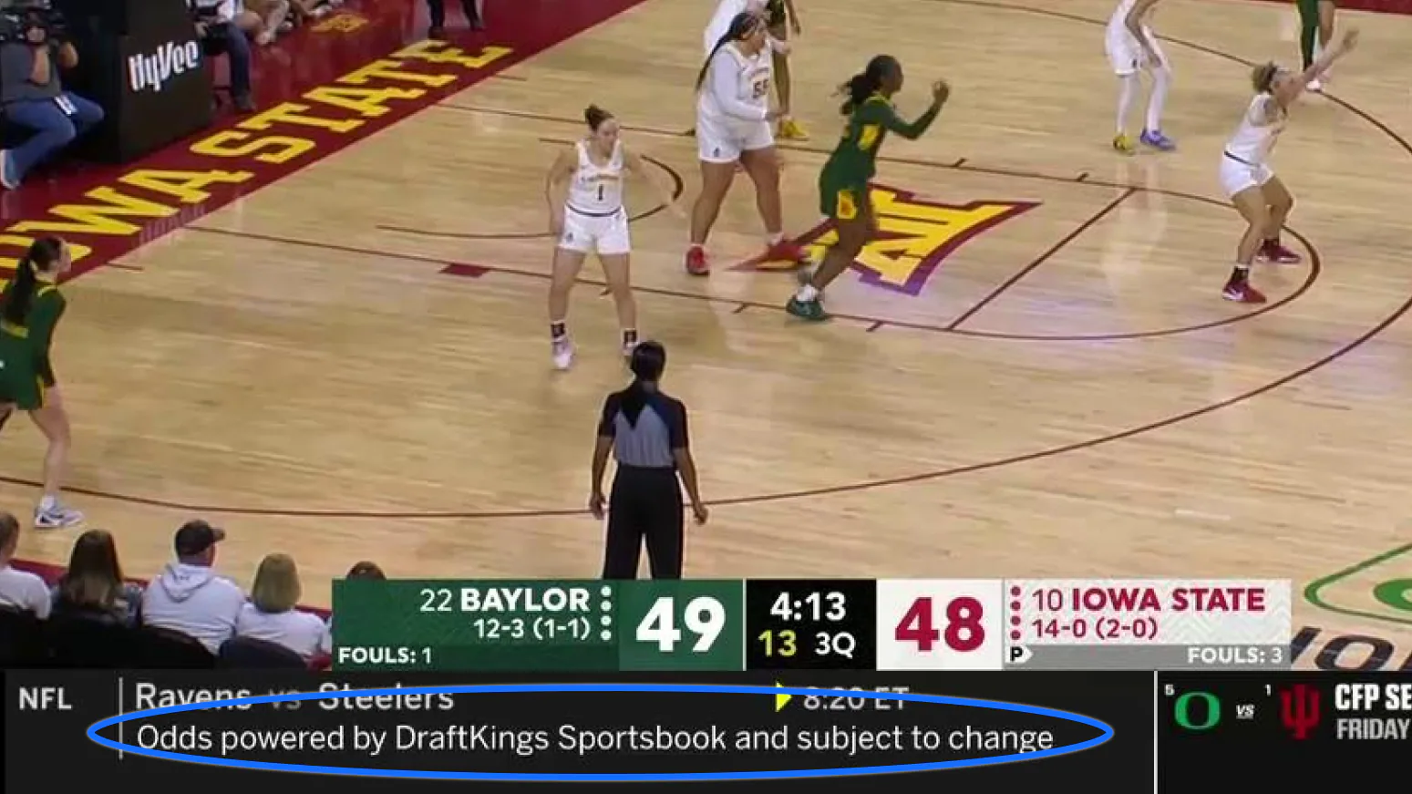 An annotated photo that consists of an image from a women's basketball game, with a blue circle highlighting the ticker in the lower lefthand corner.