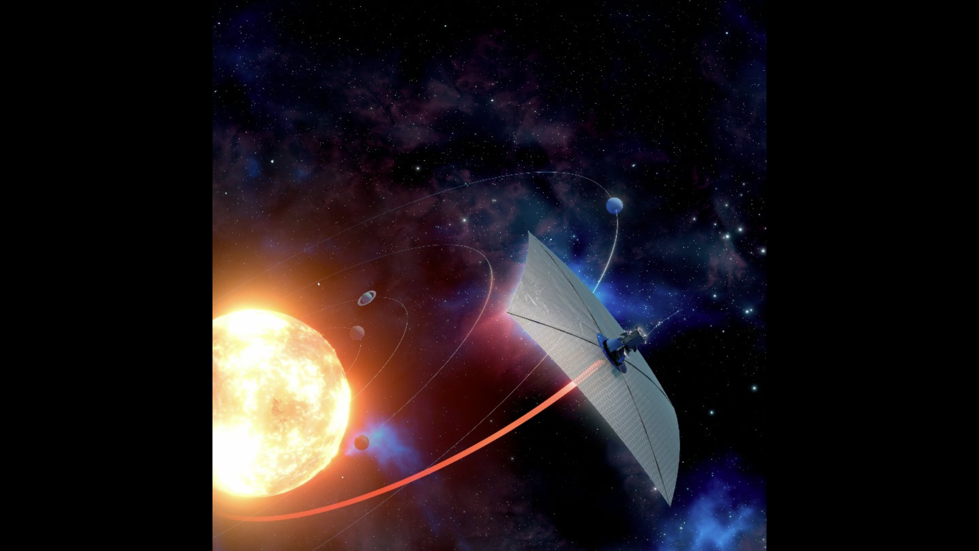 An illustration of a square silver thin sheet zooming away from a star that's surrounded by some small planets.
