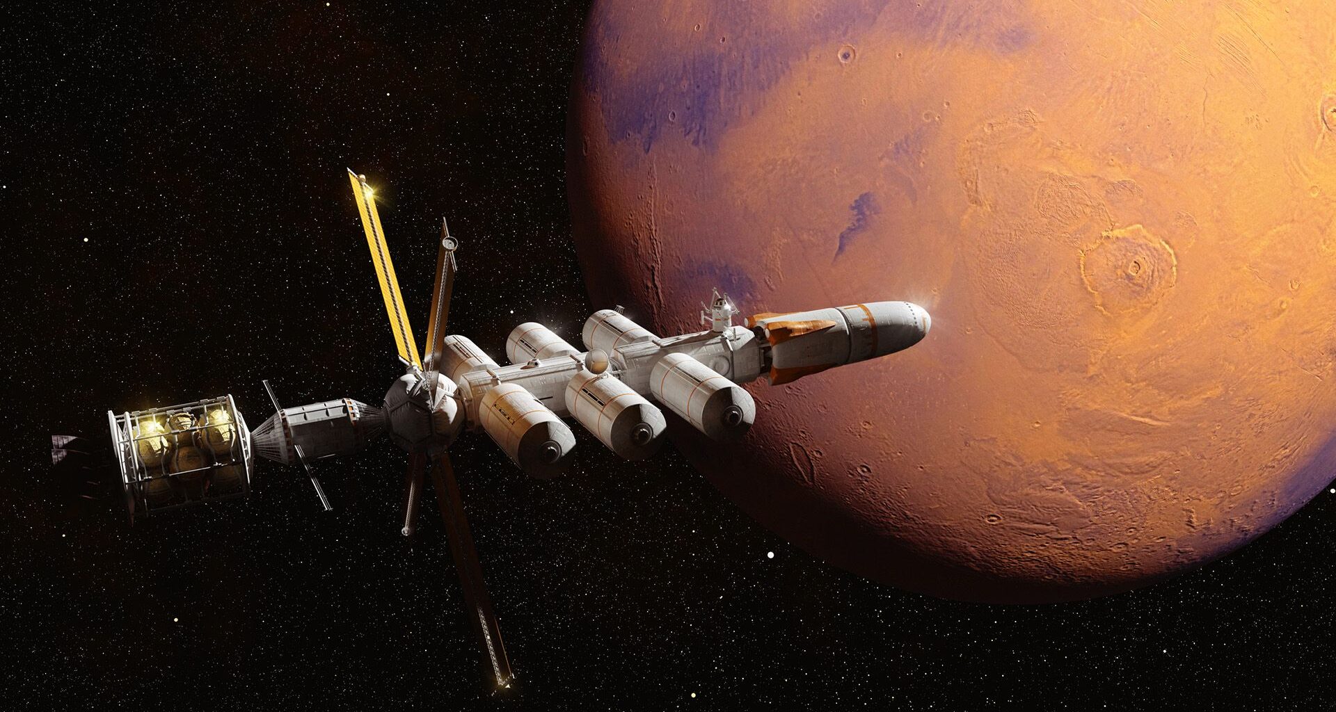 An illustration of a white spacecraft with solar panels approaching an orange/red planet.