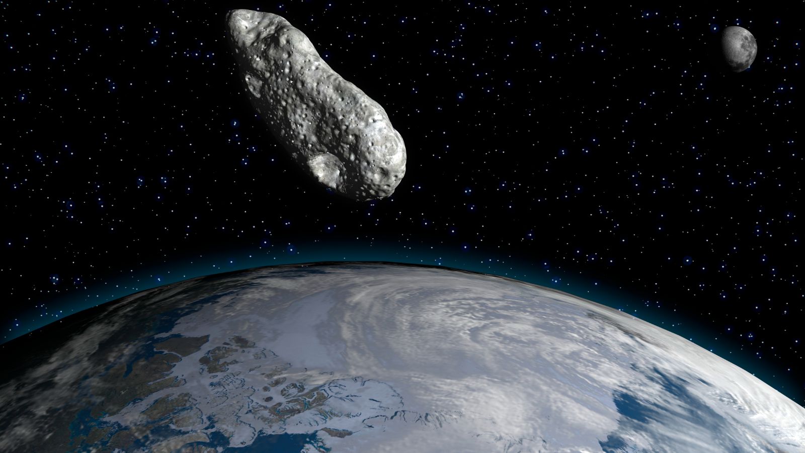 An illustration showing an asteroid flying past Earth with the moon in the background