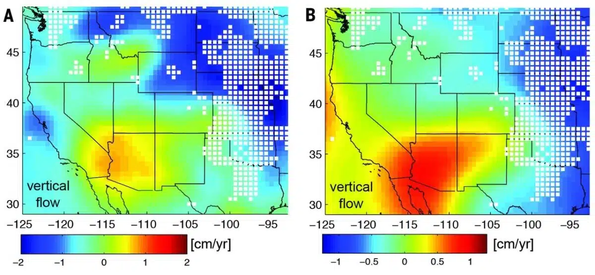 Map Of Vertical Crust And Mantle Flow, White Squares Mark Seismic Stations.