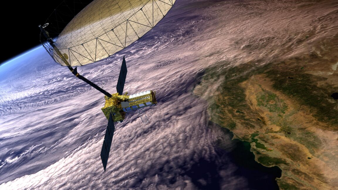 Artist's concept depicts the NASA-ISRO Synthetic Aperture Radar with a main satellite body having two solar panels and a boom attached to the large antenna reflector. The Earth below shows clouds covering the coast of California and the Pacific Ocean.