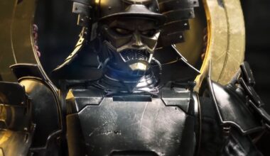Screenshot from the sci-fi game SOL Shogunate showing a futuristic samurai in metallic armor, with intricate details and a golden hue.