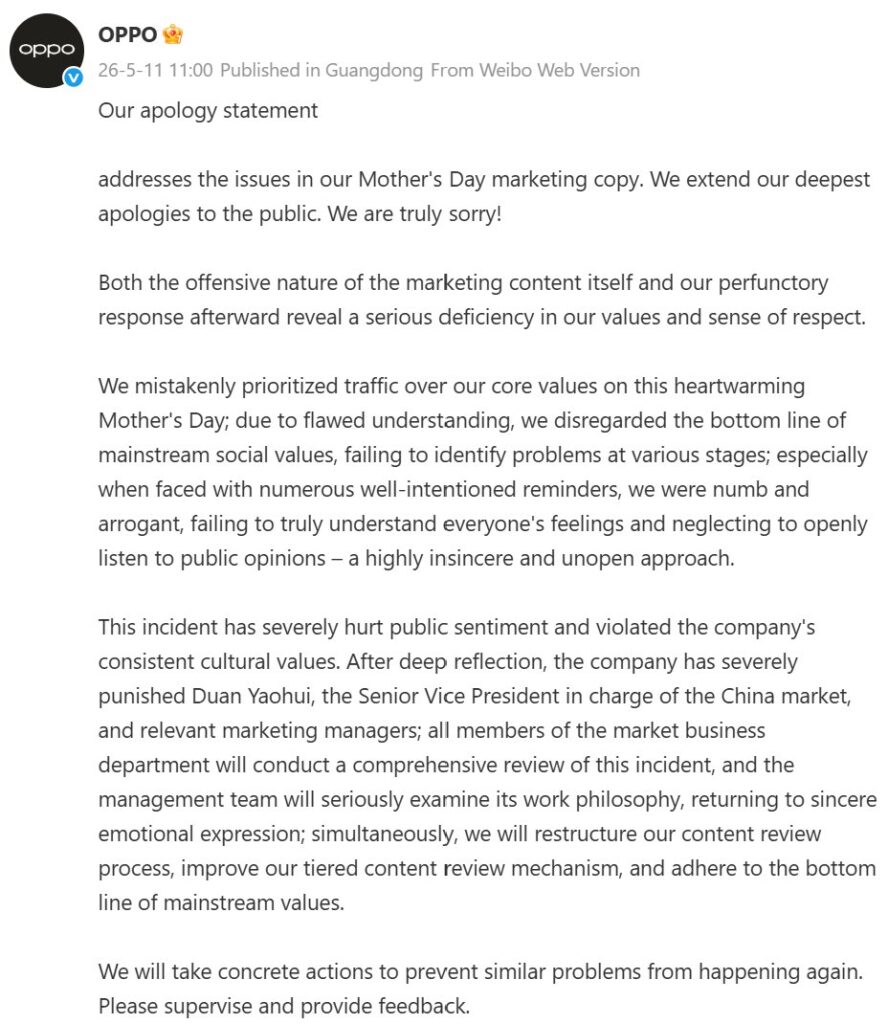 Oppo releases apology