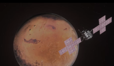 An animation of NASA's Psyche spacecraft flying by Mars.