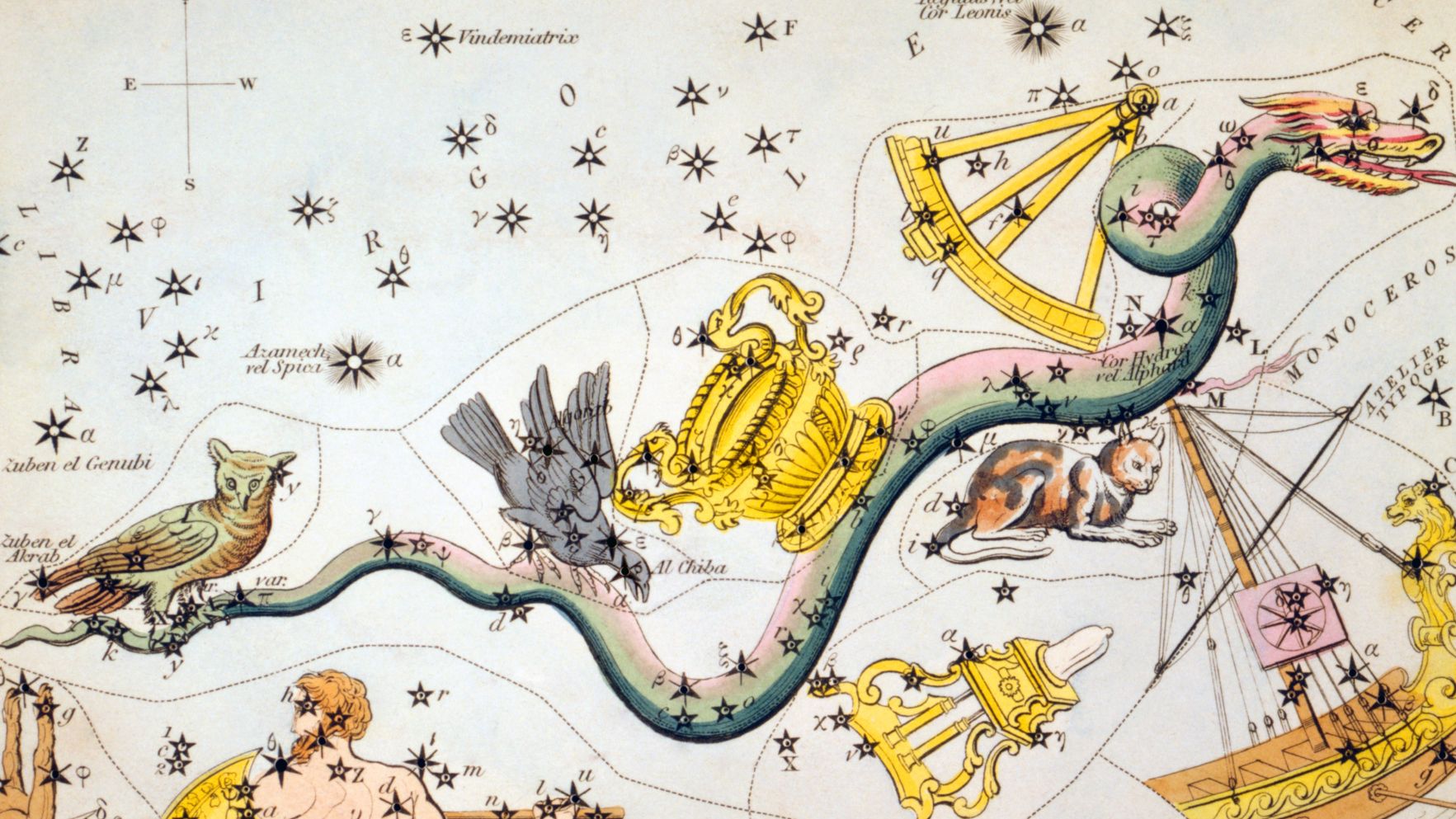 A stylized 19th century drawing of the constellation Hydra representing it as a mythological dragon with a chalice and birds riding on its back.