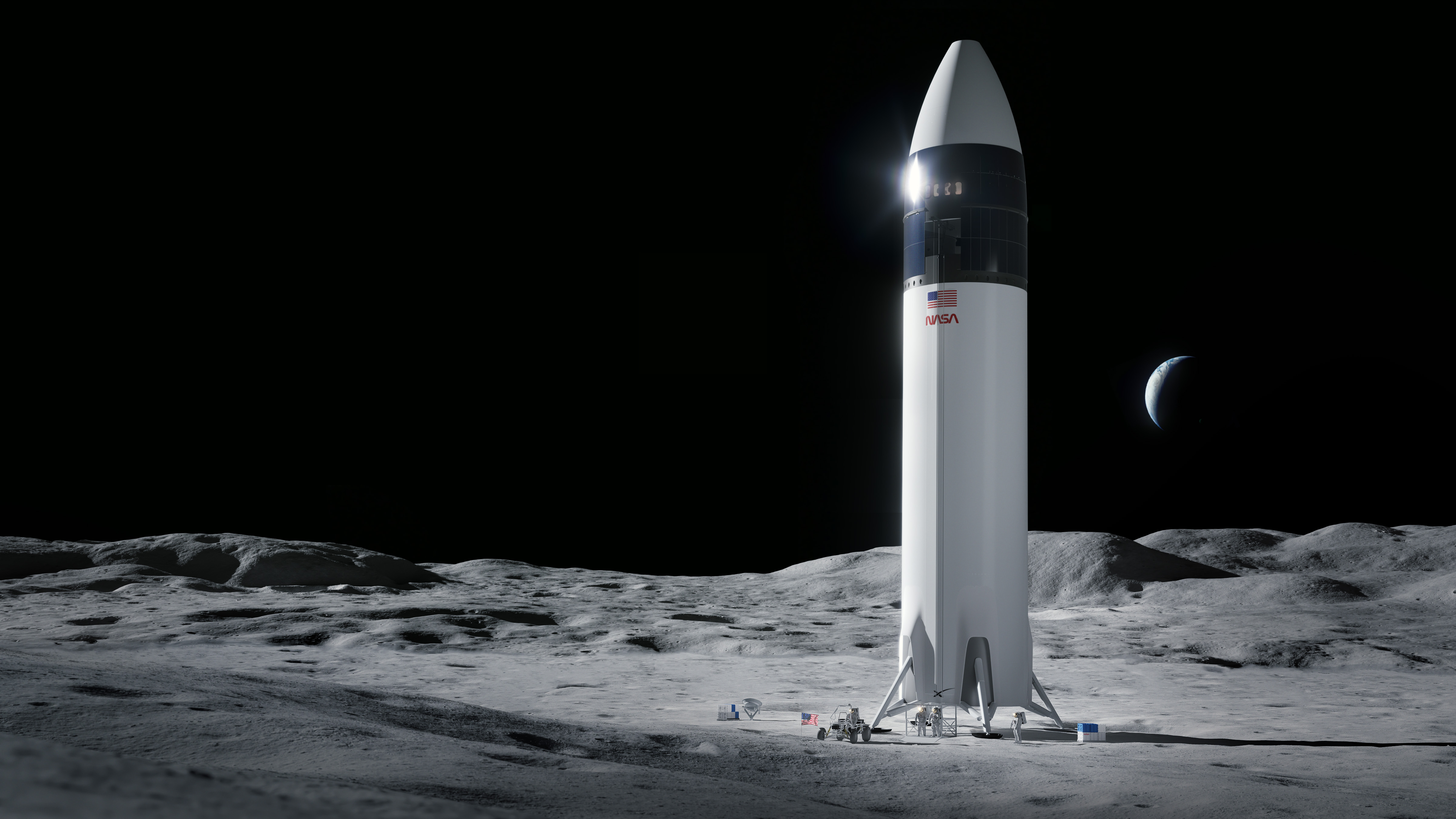 illustration of a large, very tall white spacecraft on the moon