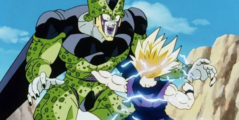 Super Saiyan 2 Gohan punches Perfect cell in Dragon Ball Z.