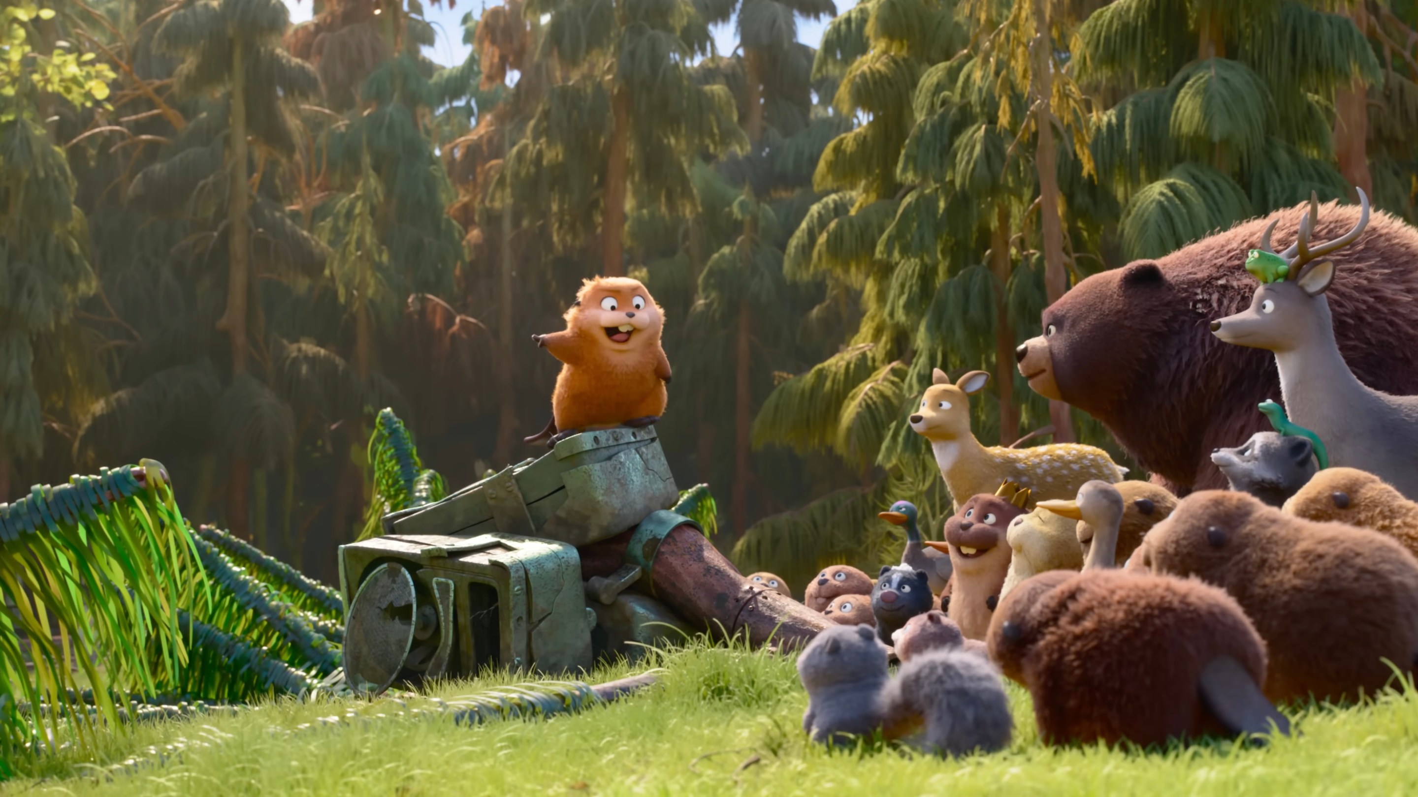 A still from the trailer for Hoppers showing a beaver standing on a pile of machine rubble and proselytizing to a crowd of animals