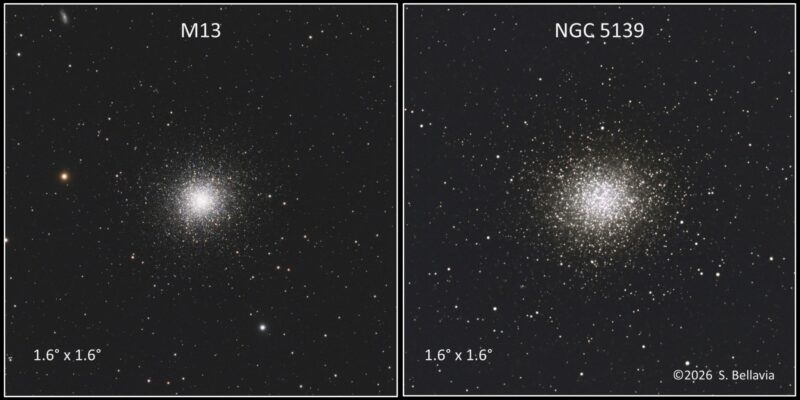 Two spherical clusters of stars, put side-by side, containing thousands of bright whitish stars.