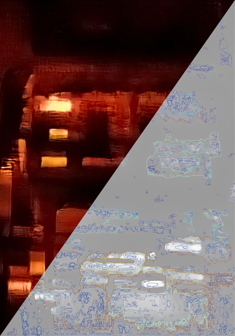 An ambiguous abstract painting with an overlay on the left side showing little shapes mapped out.