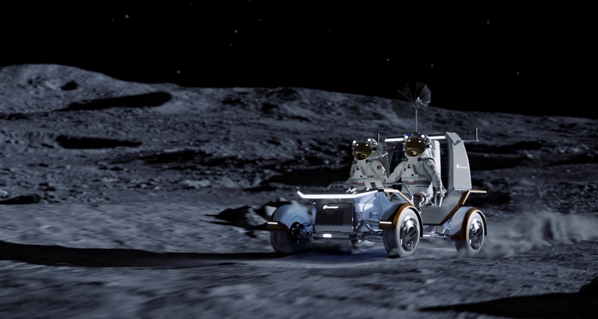 two astronauts in white spacesuits drive a four-wheeled vehicle across the dusty surface of the moon