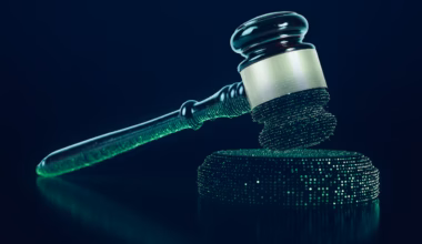 Illustration of a court room gavel turning from solid into a pixelated digital rendering