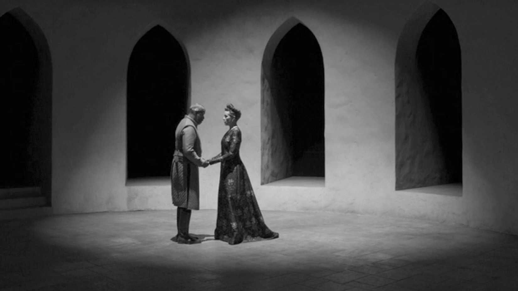 a still from the tragedy of macbeth showing the expressionistic set