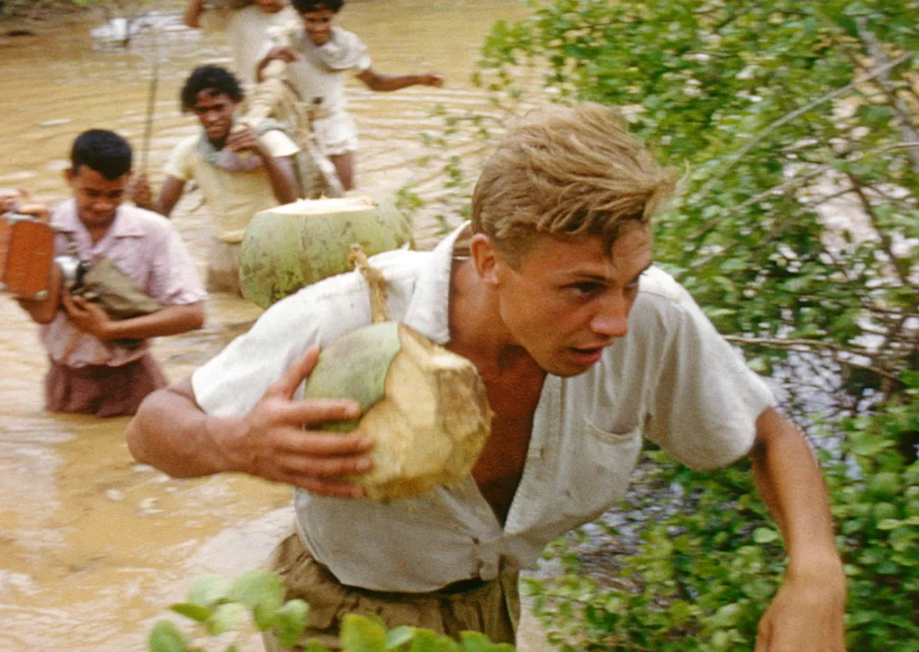 David Attenborough in Komodo, carrying coconuts while wading in water with a group of people.