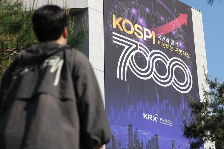 A banner commemorating the benchmark KOSPI index breaking the 7,000 mark is displayed outside the Korea Exchange building in Seoul, Wednedsay. Yonhap