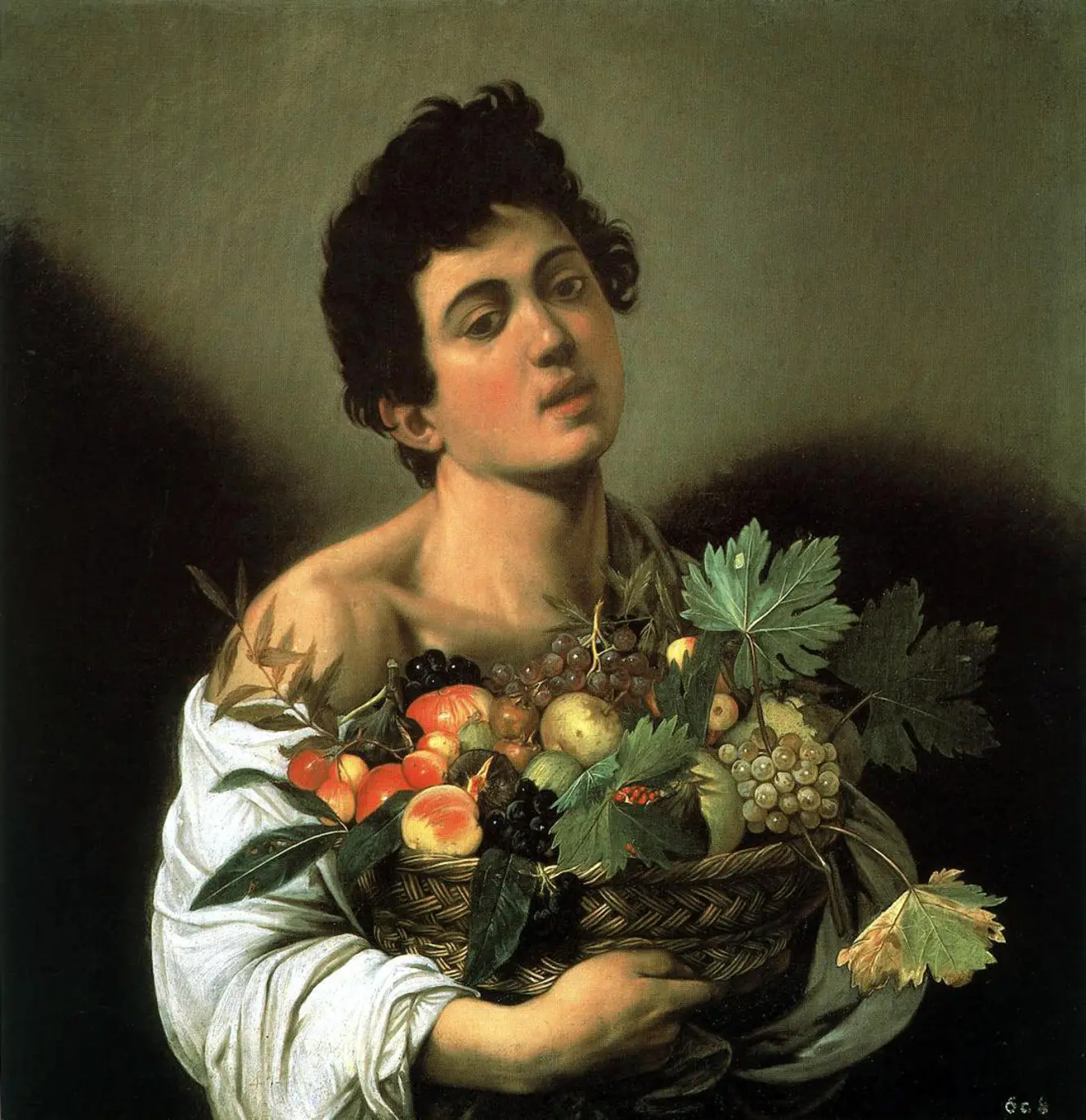 Illustration of a young boy holding a basket filled with ripe fruit by Caravaggio.