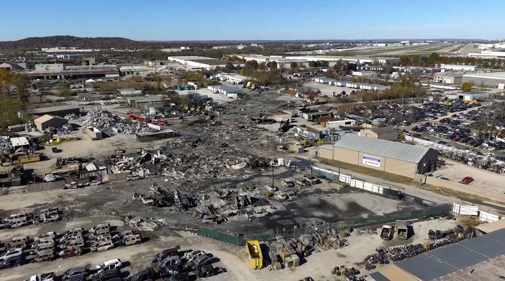 Aerial view of the crash site of UPS Flight 2976, an MD-11 which crashed shortly after takeoff.