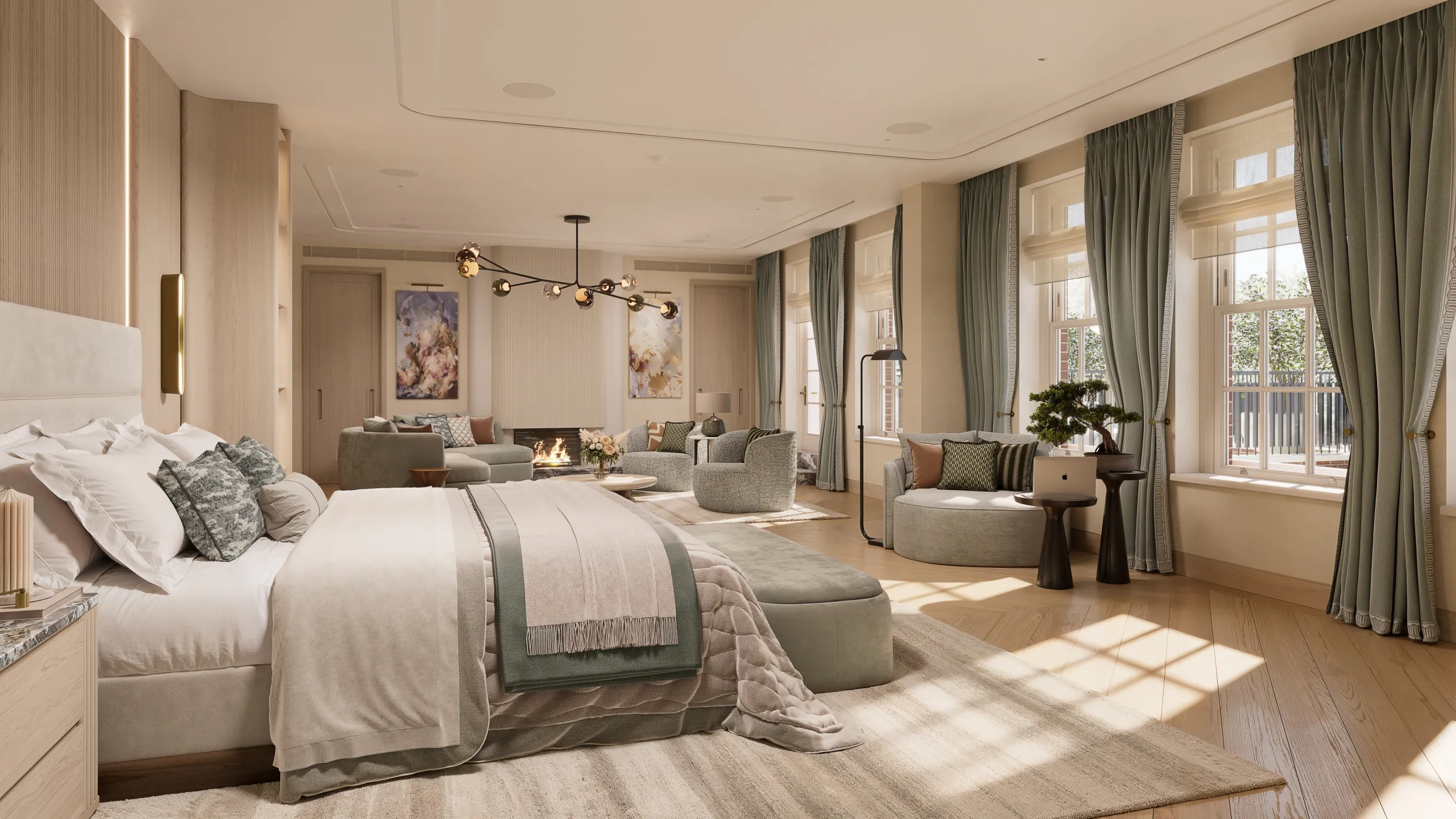 Illustration of a luxurious bedroom and living area with a fireplace.