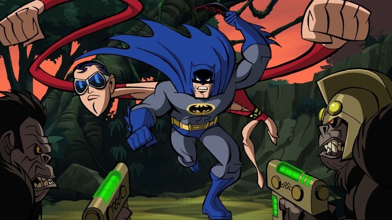 Batman and Plastic Man take on the ape underlings of Gorilla Grodd on the animated series, Batman: The Brave and the Bold.