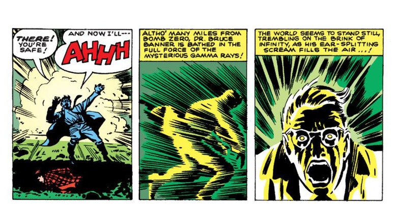 Bruce Banner saves Rick Jones while absorbing gamma radiation in 