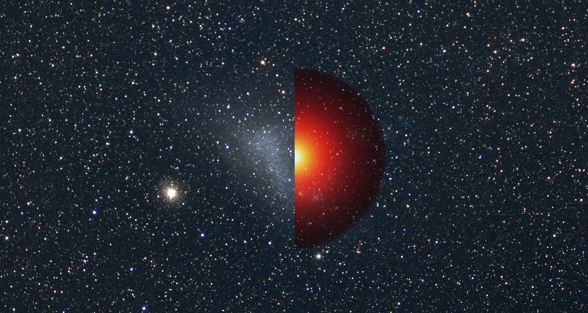 a red half-circle over a starry background