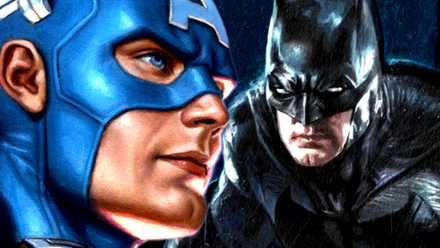 Captain America and Batman stand in the rain in Marvel and DC Comics crossover art