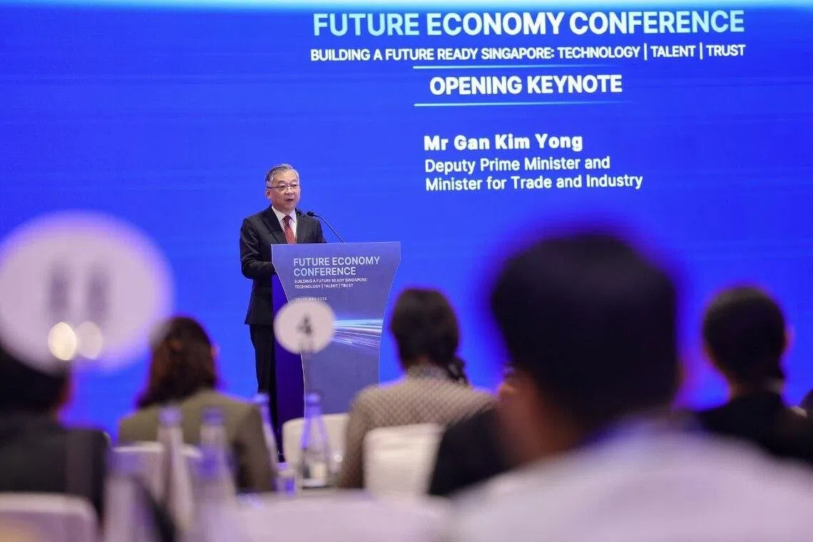 Deputy Prime Minister Gan Kim Yong delivering his keynote speech during the SBF Future Economy Conference at Sands Expo and Convention Centre on May 13.