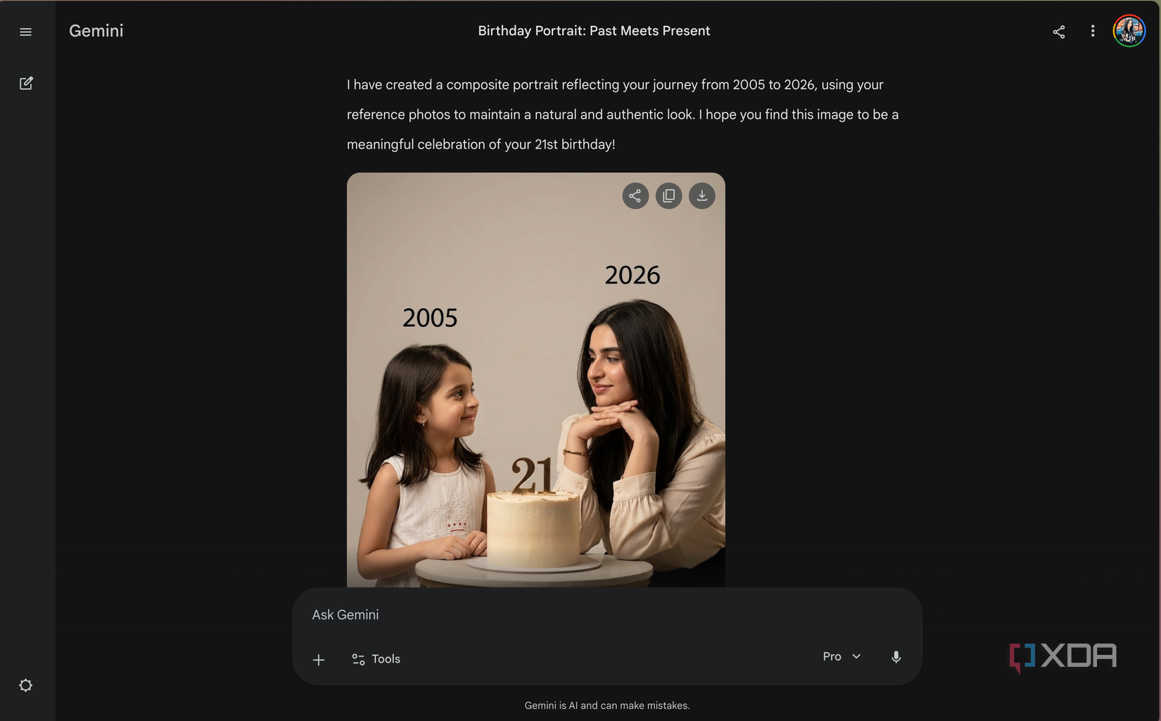 composite portrait showing a girl at age 5 in 2005 and age 21 in 2026 with a birthday cake labeled 21