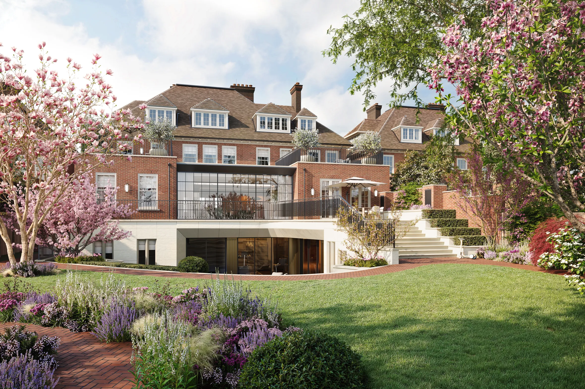Illustration of a multi-story brick mansion with a terraced garden, green lawn, and blooming trees.