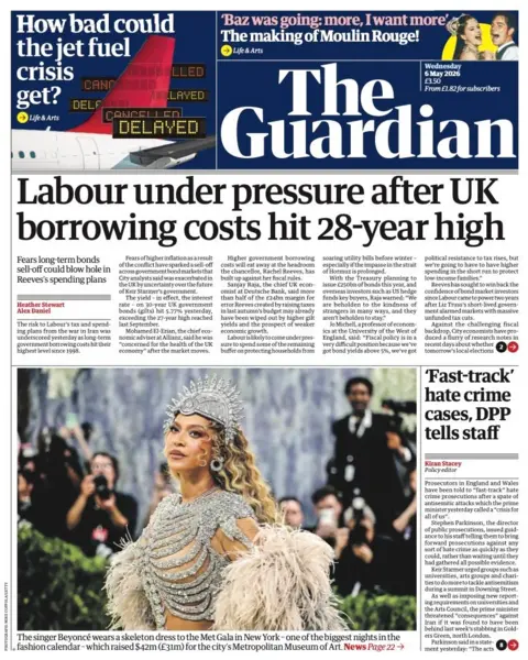 The headline on the front page of the Guardian reads: "Labour under pressure after UK borrowing costs hit 28-year high." 