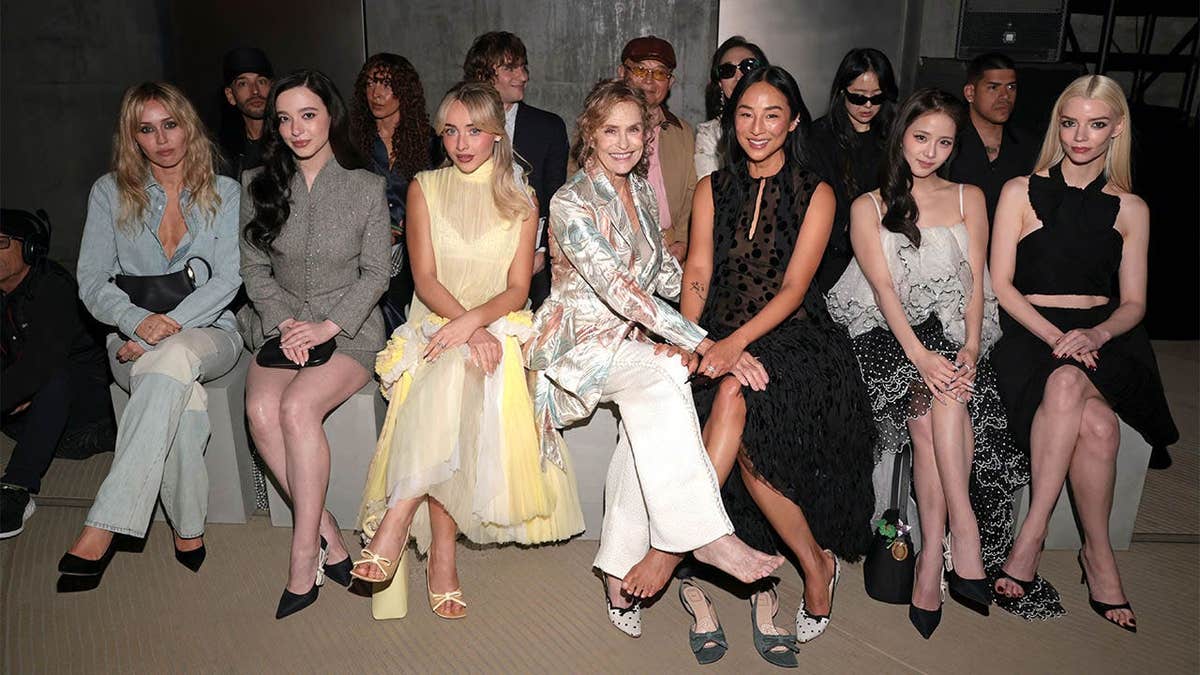 Miley Cyrus, Mikey Madison, Sabrina Carpenter, Lauren Hutton, Greta Lee, Jisoo, and Anya Taylor-Joy posing at Dior Cruise 2027 event