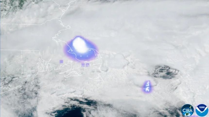 Satellite imagery shows a marker of the meteor entering the atmosphere and exploding off the coast of Massachusetts on May 30. The fireball is indicated by the bright flash near the center of the image.