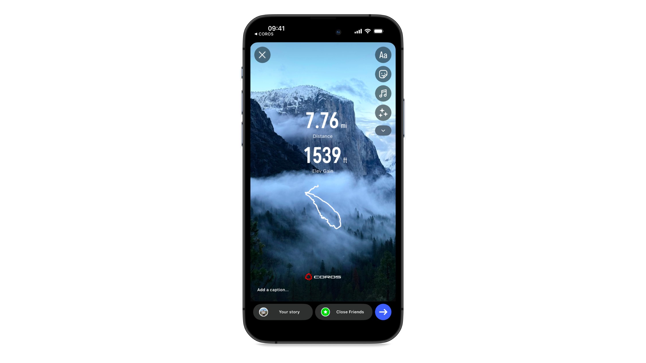 Coros' new Custom Photo SHaring feature, with a mountain featuring an Altitude Climbed overlay