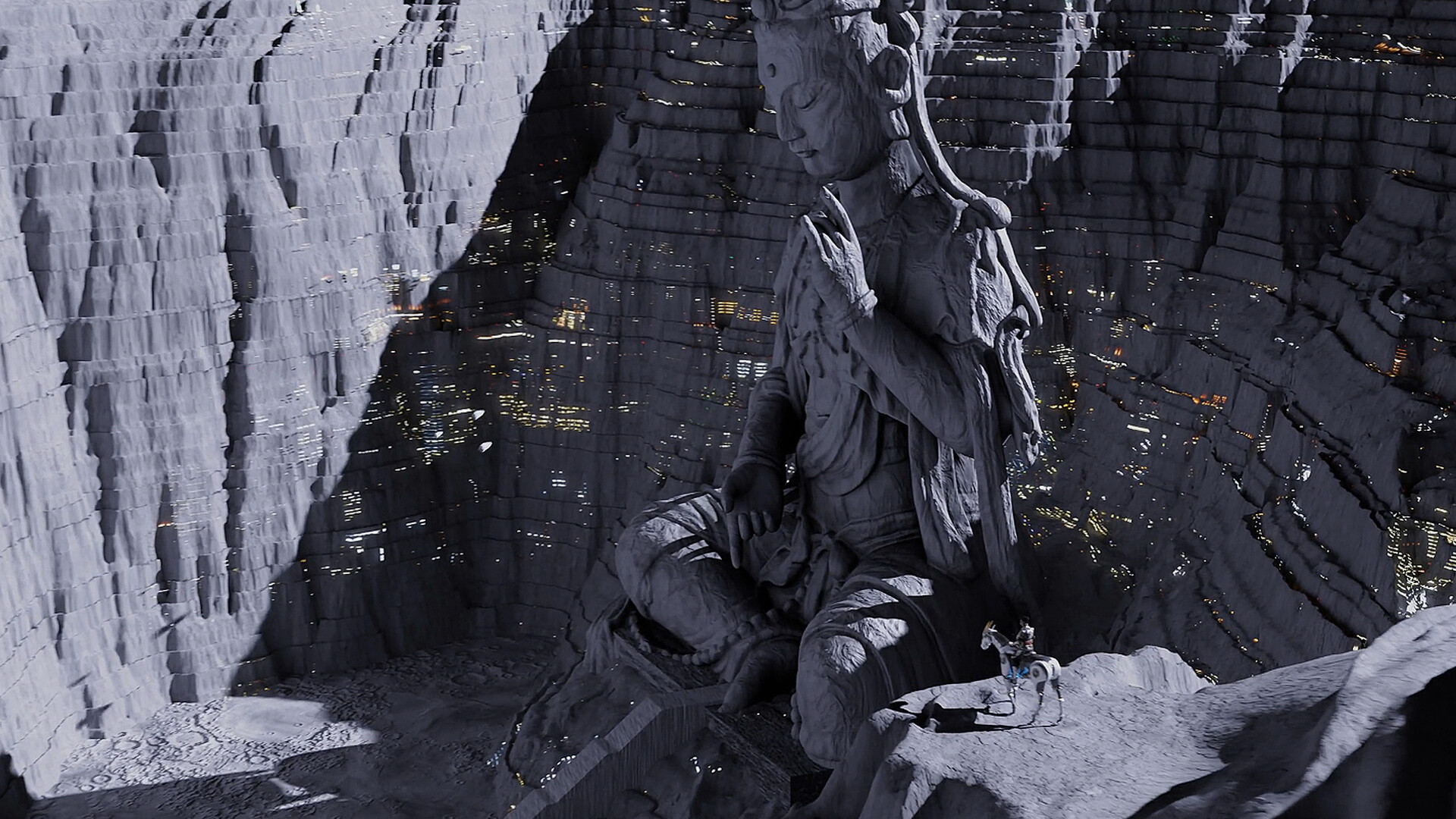 Screenshot from the sci-fi game SOL Shogunate showing a colossal stone statue of a serene deity in a canyon on the lunar surface.